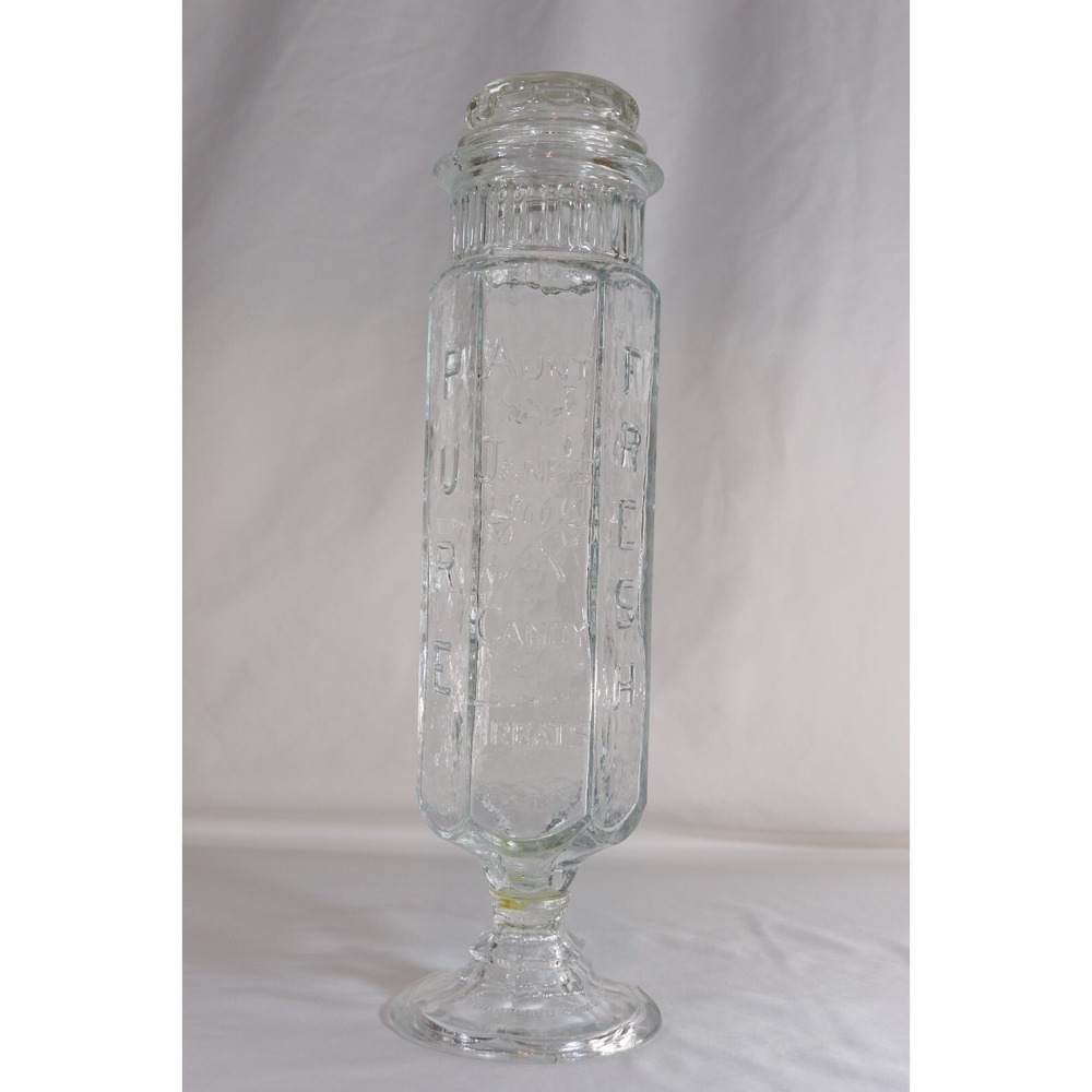 Aunt Janes Candy Treats Glass Apothecary Jar Hexagon Pedestal Clear 17 Inch
